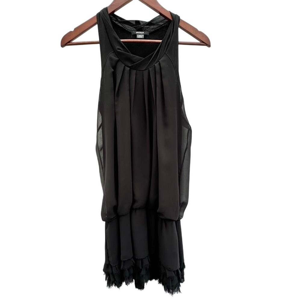 Rudsak Womens Black Chiffon Pleated‎ Sleeveless Blouse Ruffle Fringe Hem Medium